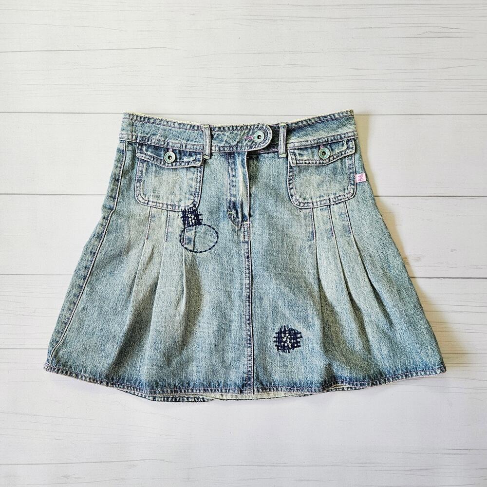 Y2k Euro Denim Skirt Pleated Emboridered Mek - Size 28